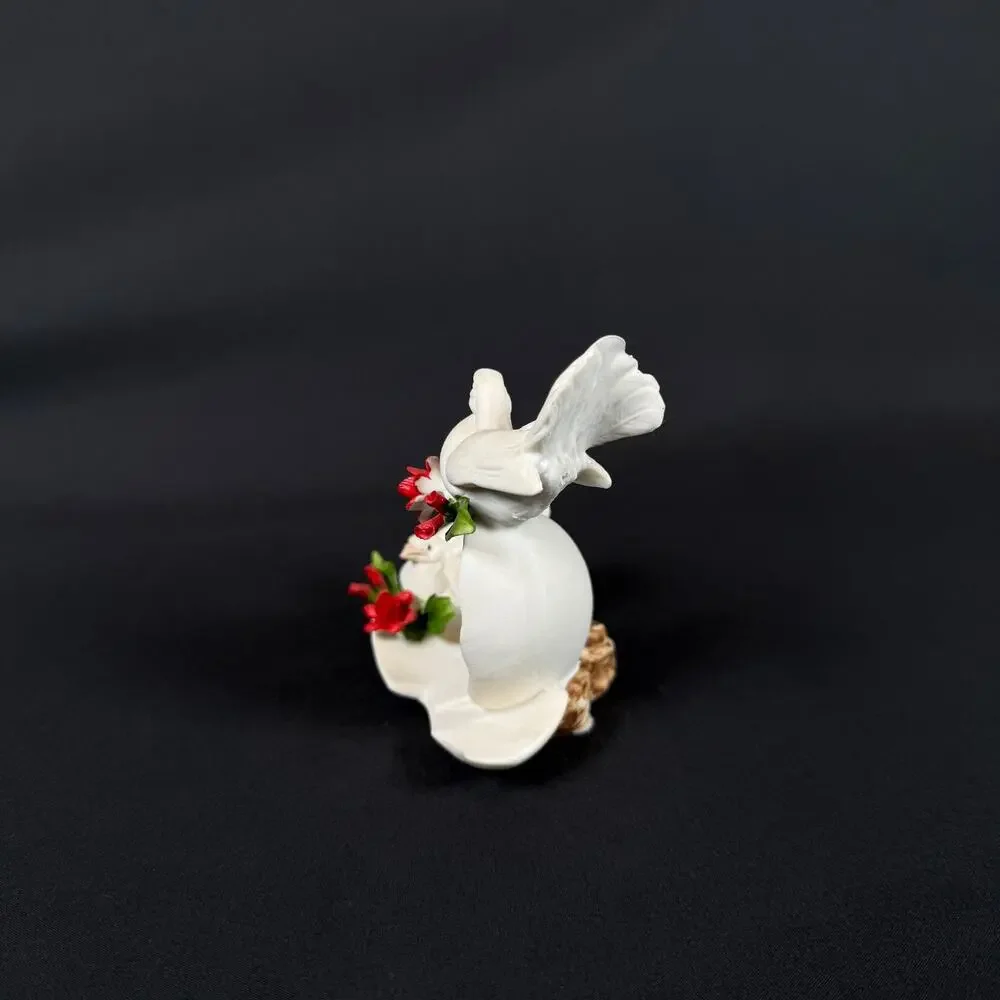 Capodimonte Porcelain White Doves on Cracked Egg with Red Roses